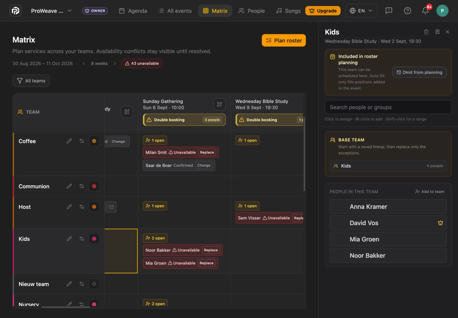Hub roster matrix showing teams, confirmed people, open roles and availability conflicts