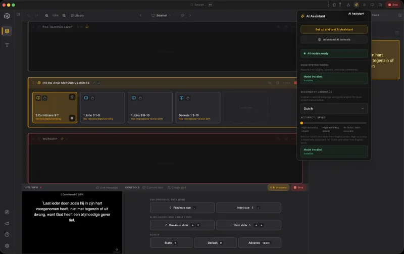 Presenter’s AI Assistant settings showing downloaded models and a selected lyrics language